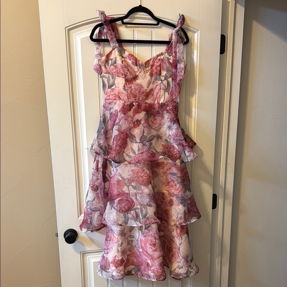 Lulus Playfully Posh Blush Floral Organza Tie-Strap Tiered Midi Dress